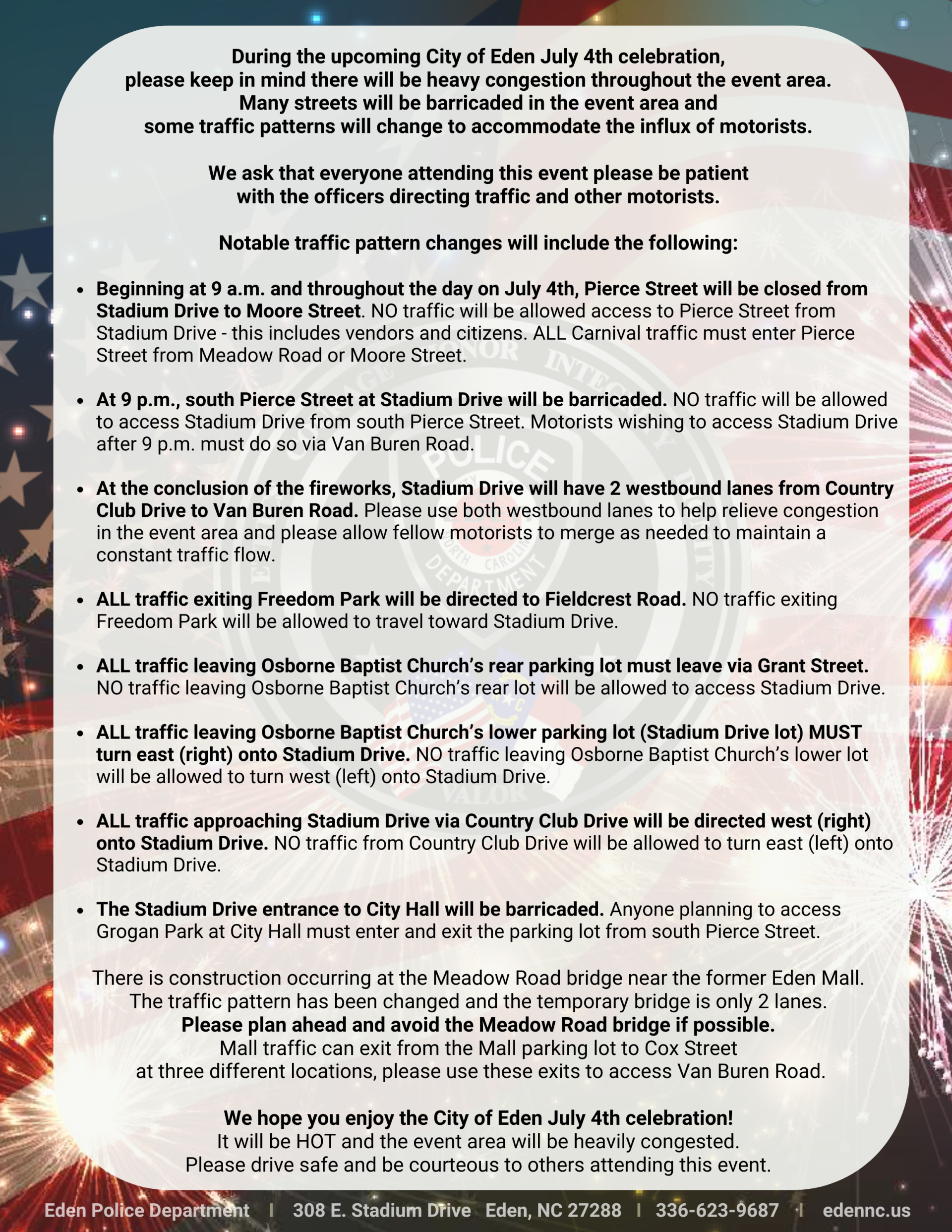 Police Department July 4th Info